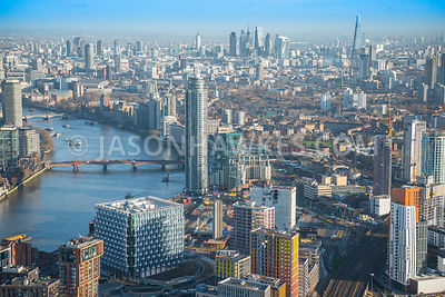 Aerial view of London, St George's Wharf Tower with Vauxhall Bridge and redevelopment at Nine Elms.