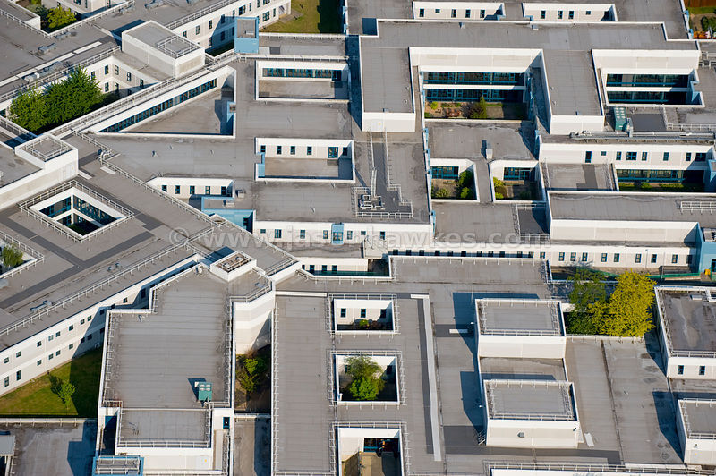 Aerial View. Queen Elizabeth Hospital roof top, Woolwich, London