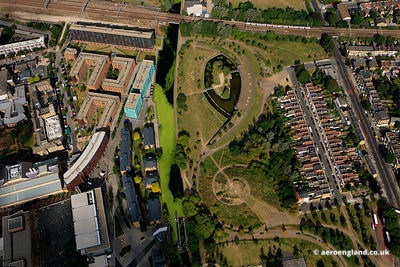 aerial photograph of Mile End Park London England UK also showing the Algae explosion on the Regent's Canal