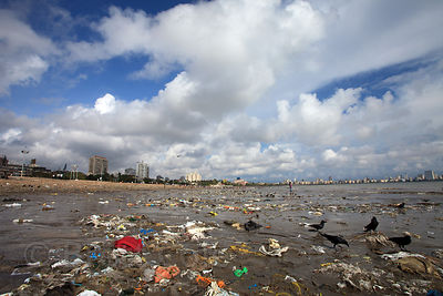 Trash on Chowpatty beach, the most popular public beach in Mumbai, India.