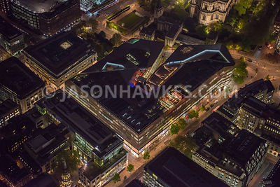 Night aerial view over One New Change, London.