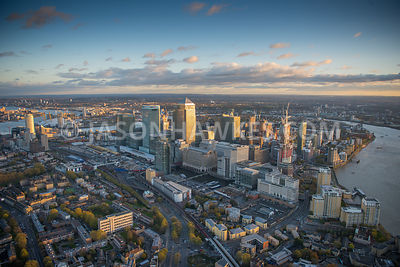 Aerial view of Canary Wharf and West India Quay at dusk, London.