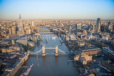 Aerial view of London, Tower Bridge with More London and Tower of London.