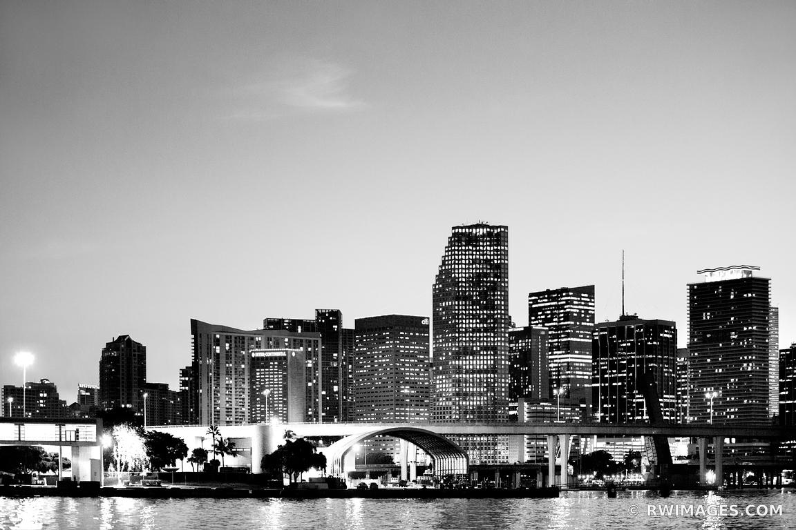 Photo Print of MIAMI SKYLINE AT NIGHT BLACK AND WHITE Print Framed