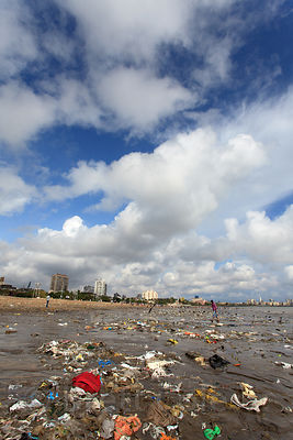 Trash on Chowpatty beach, the most popular public beach in Mumbai, India.
