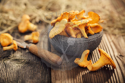 Bowl of chanterelles on а wooden table