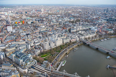 Aerial view of London, River Thames with Victoria Embankment Gardens towards Covent Garden Piazza.