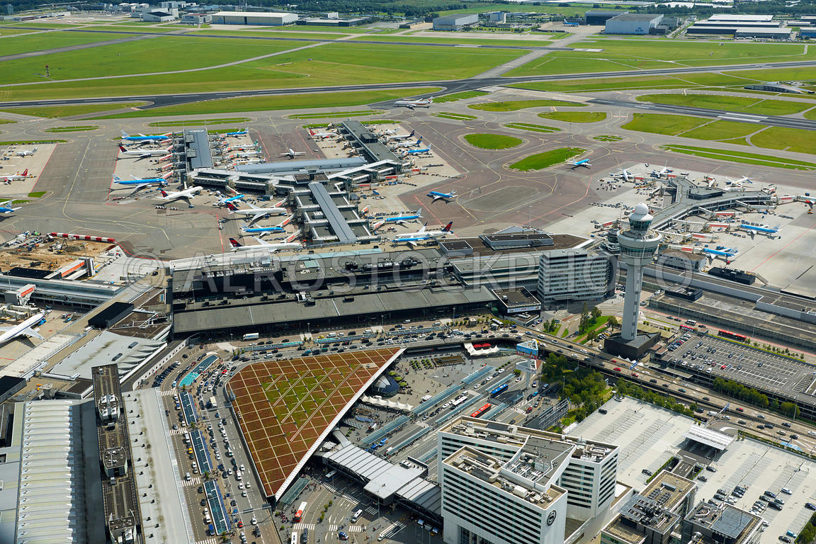 aerial view Amsterdam Airport Schiphol, terminals 1 and 2 and the D