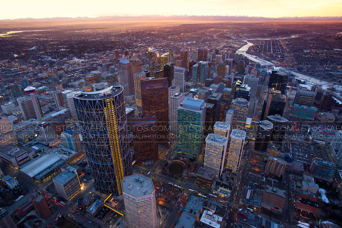 Aerial Photo Downtown Calgary at sunset