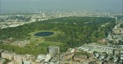 London Aerial Footage of Kensington Gardens with Kensington Palace and Round Pond.