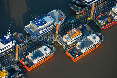 Aerial view of workboats at the Port of Mostyn