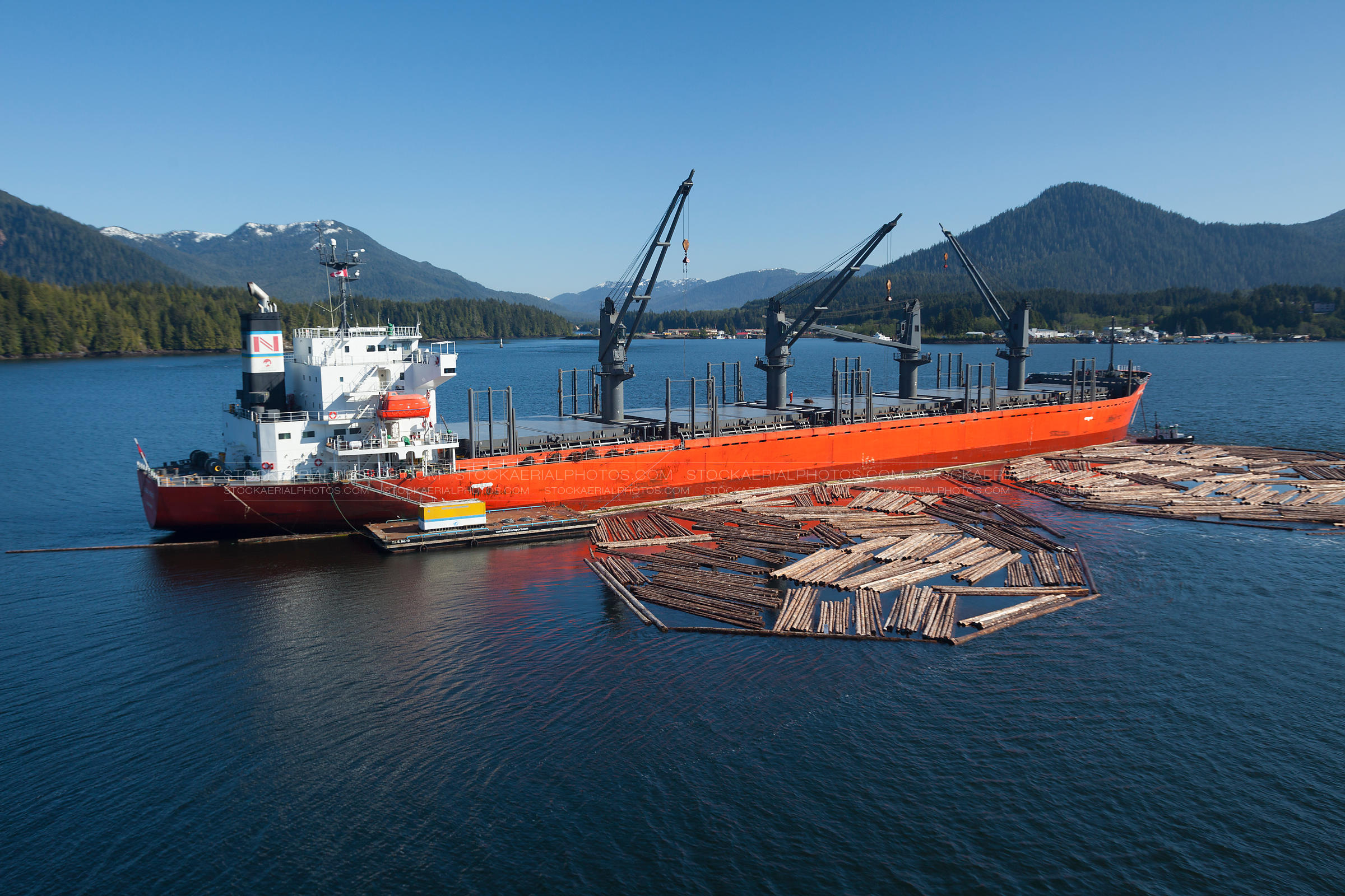 Aerial Photo Cargo Ship with Raw Logs