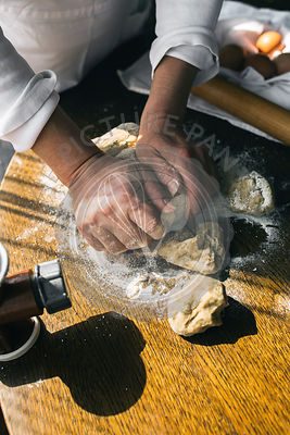 Woman Preparing Homemade Dough in the Kitchen and using a mincing machine. Preparation Raw Dough for Baking