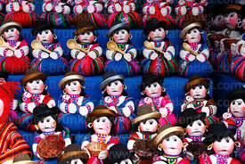 Textile cholita dolls for sale in artesan market, La Paz, Bolivia