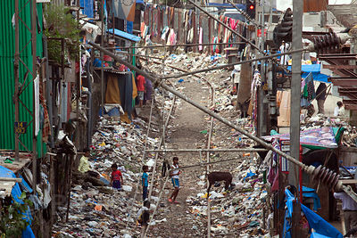 Garbage piled up along the tracks near the Bandra East slum in Mumbai, India.