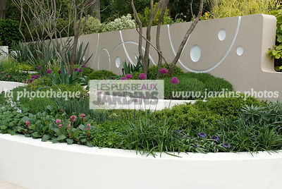 Jardin contemporain, Jardin design. Massif surélevé : Allium hollandicum 'Purple Sensation', Scilla peruviana, Peruvian scilla. Mur. Designer : Robert Myers. Chelsea FS, Angleterre