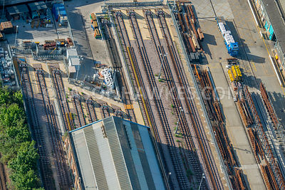 Aerial view of London, close up of railway tracks and sidings.