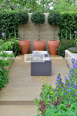 Petit jardin, urbain, contemporain, barbecue. Au fond : pot avec Laurus nobilis (laurier sauce sur tige), Paysagiste : Adam Frost, CFS, Angleterre