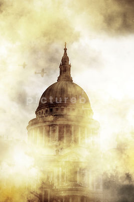 St Paul's Cathedral, London, in world war two, with two Spitfires flying over.