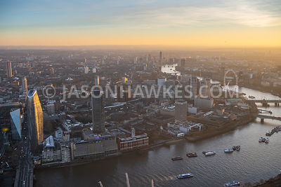 Aerial view of SouthBank at dusk, London.