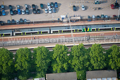Aerial view of train station platform