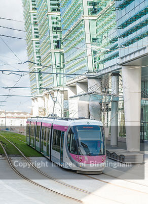 Electric tram in Snow Hill, Birmingham City Centre. England.
