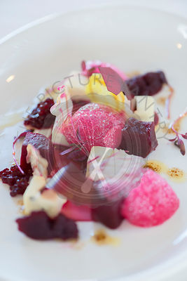 Textures of Beetroot with blue cheese panna cotta.