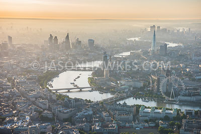 Aerial view of Westminster , City of London and Southbank , London at dawn.
