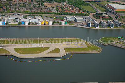 Aerial view of London City Airport runway in close-up, London