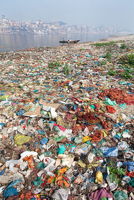 Garbage in the Ganges River in Varanasi, India. This is one of the most revered stretches of India's holiest river.