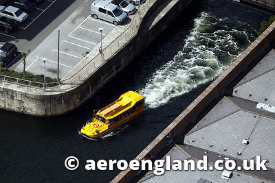 aerial photograph of the Yellow Duckamrine amphbious vehicle in Liverpool docks