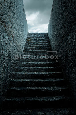 A set of old worn stone steps leading up.