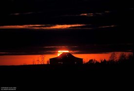 Red sun behind Kentucky barn