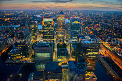 Aerial night view of Canary Wharf, London.