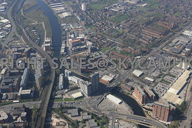 Manchester high level view of the Western Gateway of Manchester and the River Irwell Crossing point of the Ring road Regent road and Pomona Docklands