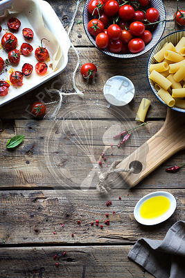 Ingredient for pasta recipe. Top view. Food background