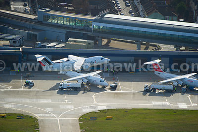 Aerial view of plane at City Airport, London