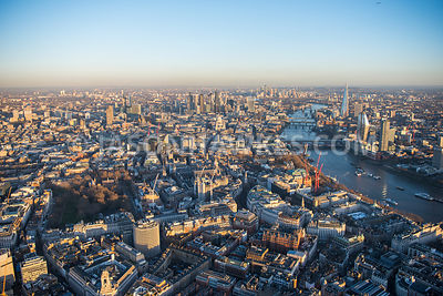Aerial view of London, Strand with Somerset House towards Temple with River Thames.