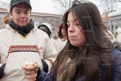 Cree traditional ceremony
Native Cree walkers against uranium development in their region arrive to the city of Montreal after an 850 km walk in frigid winter temperatures. The group left the Cree community of Mistissini located in James-Bay on November 23rd 2014. With this march the Cree youth are determined to show that they are opposed to any uranium development on their vast land of 350 000km