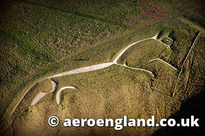 aerial photographs of the Uffington White Horse geoglyph , Oxfordshire England UK