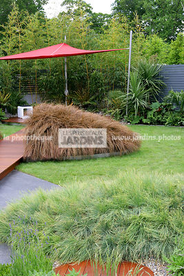 Jardin. Pelouse. Coin repos. Herbes ornementales. Graminées. Koeleria glauca. Carex comans 'Milk Chocolate'. Irlande. Paysagistes : Com Doyle et Dean Lacey