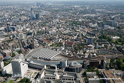 Panoramic aerial photograph of the area around Waterloo Station London England UK showing Southwark St, London SE1 , Becket House, 1 Lambeth Palace Rd, London SE1 7EU , Lower Marsh London SE1 7NT , Waterloo Rd, London SE1 8UX and Westminster Bridge Rd, London, Waterloo SE1 7RW