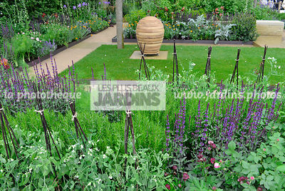 Ruche en bois dans un petit jardin, urbain, Style champêtre contemporain, Potager : Rosmarinus officinalis, Salvia nemorosa 'Caradonna', Paysagiste : Adam Frost, CFS, Angleterre