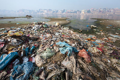 Garbage in the Ganges River in Varanasi, India. This is one of the most revered stretches of India's holiest river.