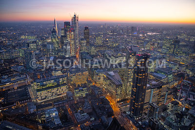 Dusk aerial view of City of London