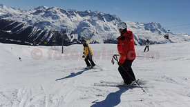 Ski School for the Blind in Saint Moritz on Corviglia and Marguns of Engadine Mountains
