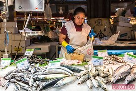 Fresh fishes for sale at La Boqueria market, Barcelona, Spain