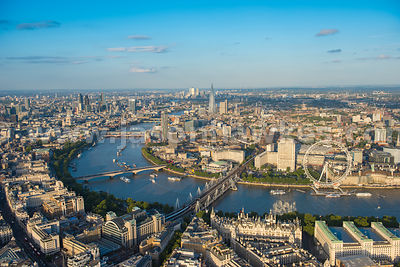 Aerial view of London, River Thames, Westminster, South Bank.