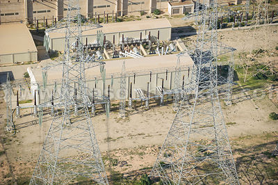 Aerial view of electricity pylons, Libya