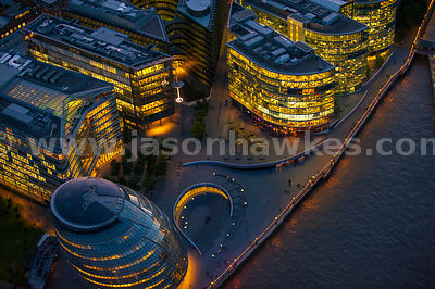 Aeril view over GLA building at night, London